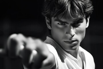 Young Man's Protective Gesture: Stern Face and Forward Reach. Selective focus