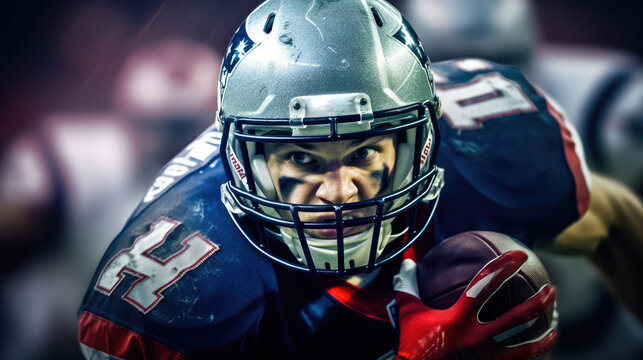 Close-up of the face of an American football player.