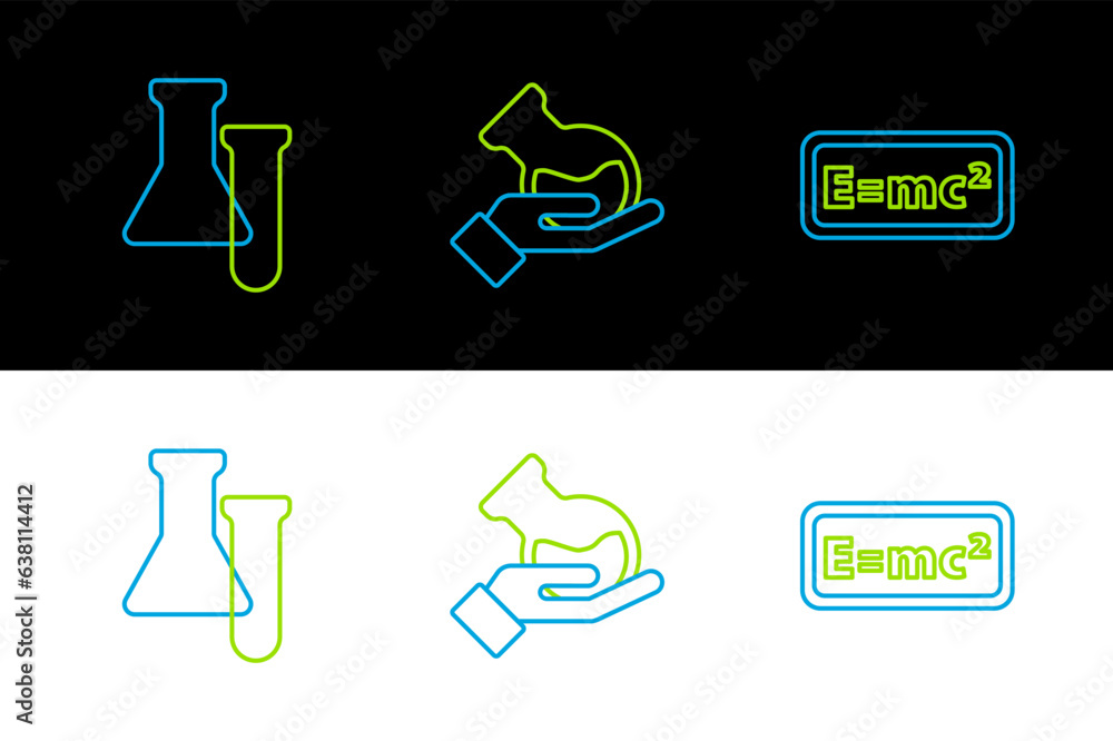 Poster set line equation solution, test tube and flask and icon. vector