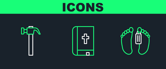 Set line Dead body, Hammer and Holy bible book icon. Vector