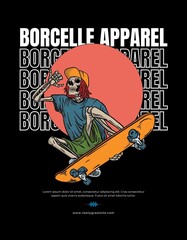 Black Apparel Illustrated Skull Skateboard T-shirt