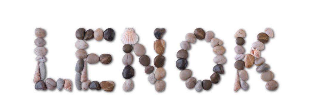 The word "LENOK" is lined with shells and stones of different shapes and colors on a transparent background. Types of fish and seafood, price tag, sea food, fish market, sea alphabet.
