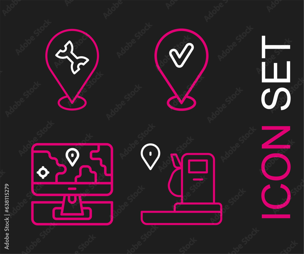 Poster set line location and gas station, monitor with location marker, check and car service icon. vector
