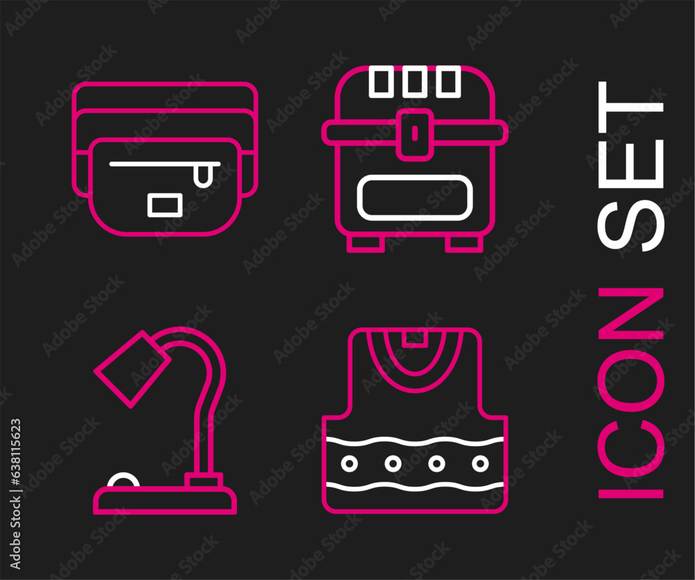 Sticker Set line Waistcoat, Table lamp, Antique treasure chest and bag of banana icon. Vector