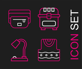 Set line Waistcoat, Table lamp, Antique treasure chest and bag of banana icon. Vector