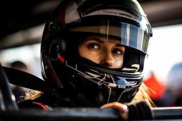 Generative AI digital portrait of a professional sports car racer in a helmet driving auto on the track