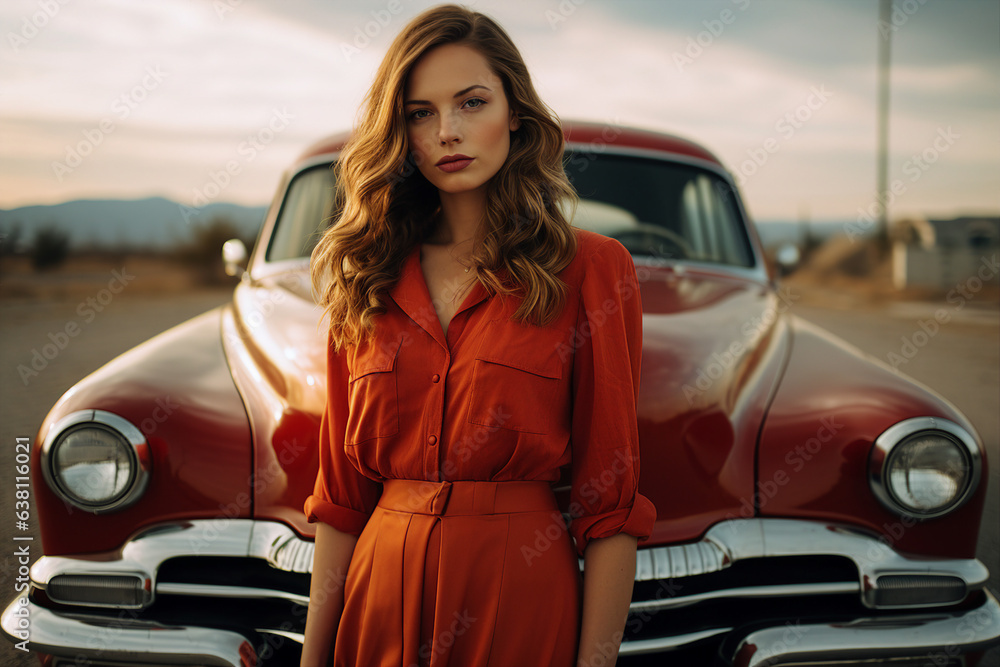 Wall mural generative ai picture of attractive young woman standing beside comfort retro old car outdoor