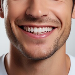 a close up photo of the lower part of a latin male face handsome cute smile with very clean perfect teeth, generative AI