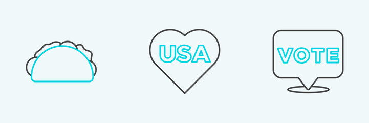 Set line Vote, Taco with tortilla and USA Independence day icon. Vector