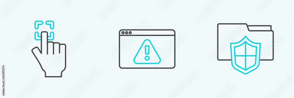 Poster Set line Document folder protection, Fingerprint and Browser with exclamation mark icon. Vector