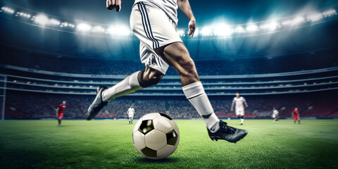 Naklejka premium Professional soccer players or soccer player in action at the stadium with flashlights hitting the ball for the winning goal, wide angle. The concept of sport, competition, movement, overcoming.