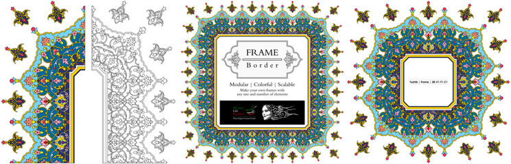 Frame mandala persian arabic turkish islamic hindi indian tibetan traditional colorful vector pattern texture vintage ornate retro elegant ornamental borders frames floral ornaments tazhib 28-v1