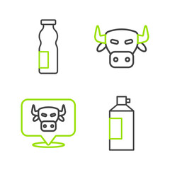 Set line Whipped cream in bottle, Cow head, and Drinking yogurt icon. Vector