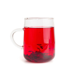 Hibiscus Tea, Dry Rose Drink, Cold Fruit Red Tea in Transparent Mug, Roselle Hibiscus Tea