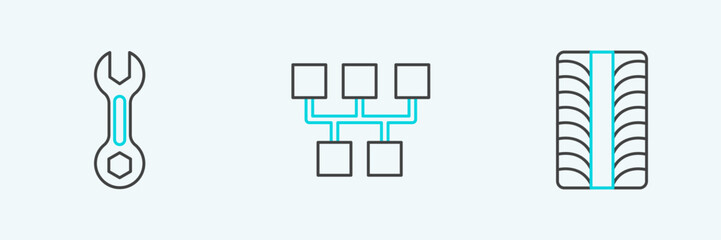 Set line Car tire wheel, Wrench spanner and Gear shifter icon. Vector