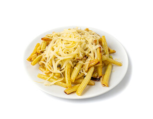 Fried French Beans, Cooked Yellow Pods with Grated Cheese, Healthy Diet Vegetables on White Background