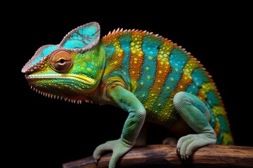 Beautiful multicolored chameleon sitting on wooden branch