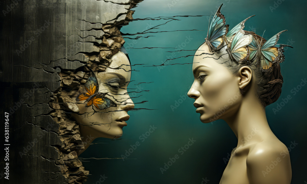 Wall mural two abstract female heads with cracks in wall and butterflies