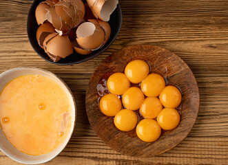 Egg Yolks in Bowl, Fresh Chicken Egg Yolk Separated from Whites for Cooking Recipe, Organic Yolks Top View