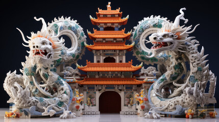 Obraz premium Chinese Temple Adorned with Majestic Dragons