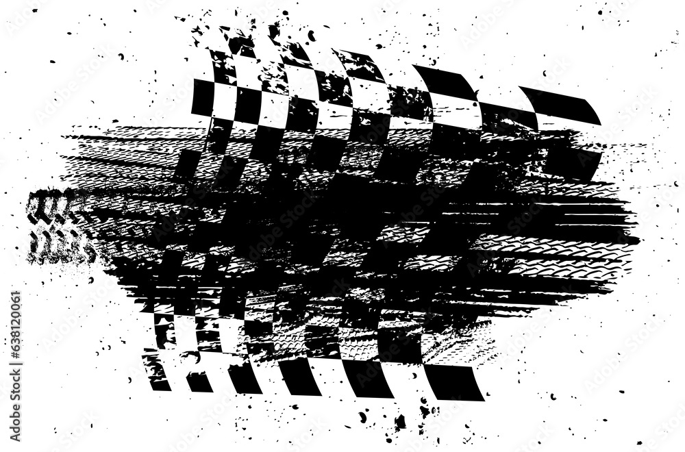 Poster grungy background with abstract tire tracks and chess flag