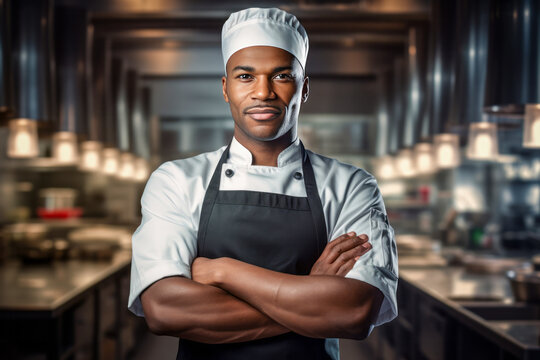 Smiling black skin chef in restaurant kitchen
