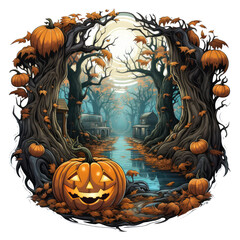  An Autumn Pumpkin Truck t-shirt design portraying a Pumpkin Truck driving through a tunnel of trees, Generative Ai