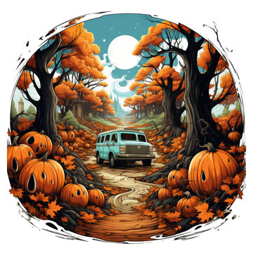 van drives through autumn pumpkin forest clip art preview