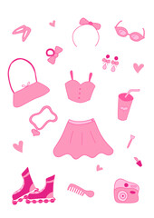 Trendy Glamorous stylish modern pink elements for a girl. Skirt, earrings, rollers, clothes, shoes, rollers, camera, glasses, bag, lipstick.Nostalgic 2000s style collection