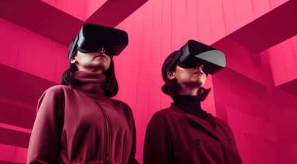 Two stylish women, wearing maroon and red headgear in the form of virtual reality goggles, embrace a sense of exploration and adventure