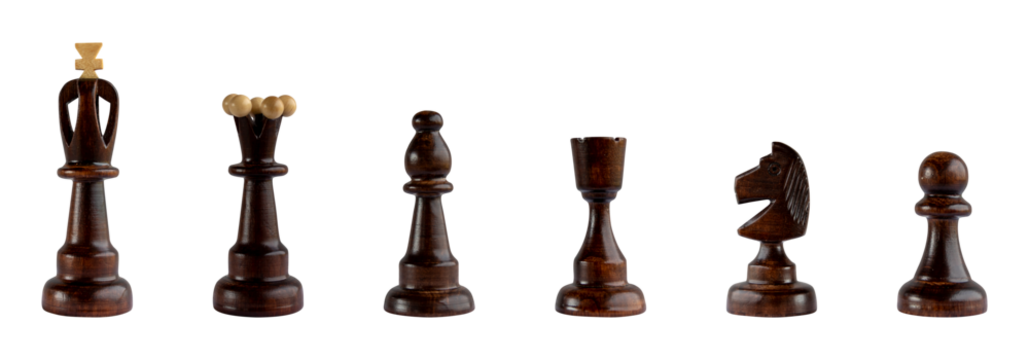 chess pieces isolated pawn queen king knight rook bishop black wooden chessman cut-out collage element on transparent background