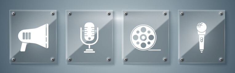 Set Microphone, Film reel, Microphone and Megaphone. Square glass panels. Vector