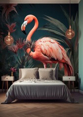 A vibrant wall mural of a graceful flamingo surrounded by lush plants creates a unique and whimsical atmosphere in any indoor space