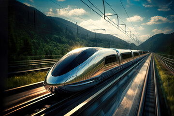 Fototapeta An awe-inspiring image of a superfasr magnetic levitation city train, illustrating the future of efficient, high-speed rail travel obraz