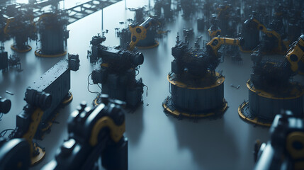 Portraying a bustling industrial factory floor where automated robots work in harmony with skilled technicians to manufacture intricate electronic devices using state-of-the-art assembly lines