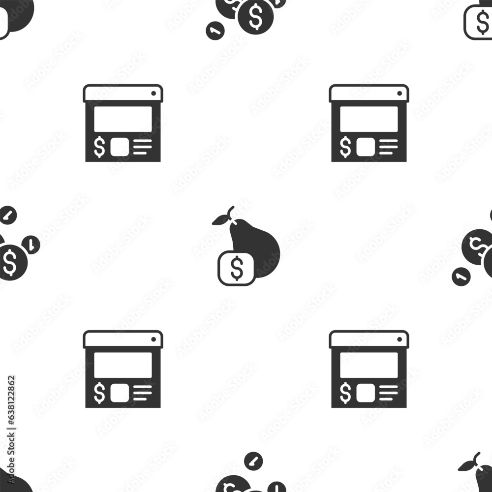 Sticker Set Coin money with dollar, Price tag for pear and Online ordering and delivery on seamless pattern. Vector