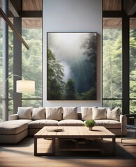 This living room with its warmly-lit window, plush furniture, and vibrant decor radiates a peaceful atmosphere, creating a cozy oasis where one can admire the majestic tree in the large wall painting