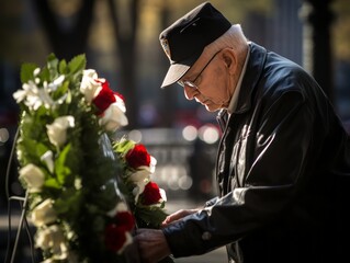 A nostalgic moment as a veteran places a wreath beside a United States flag-draped memorial - obrazy, fototapety, plakaty