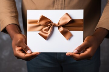 Fototapeta premium Black african american man holds a white paper giftbox with vivid brown ribbon bow in his hands. Valentine's Day, Christmas, new year, birthday or holiday concept. Happy Father's day
