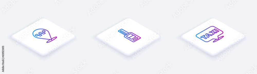 Poster set isometric line location with taxi, car key remote and . white square button. vector