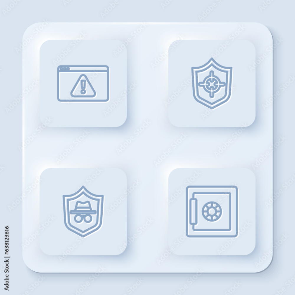 Poster set line browser with exclamation mark, shield, incognito mode and safe. white square button. vector