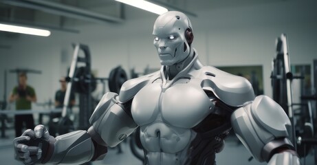 Fototapeta na wymiar Humanoid Robot Demonstrating Weightlifting to Gym Enthusiast