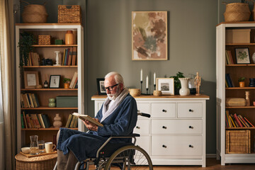 Elderly man in the wheelchair reading a book indoors