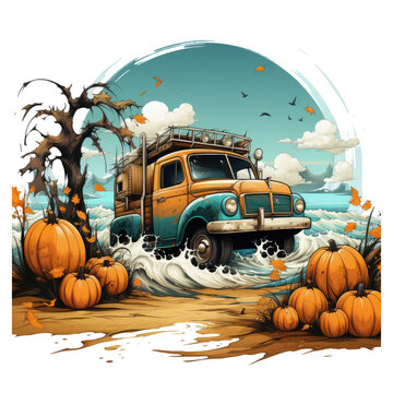 recommend clip art: An Autumn Pumpkin Truck t-shirt design featuring a Pumpkin Truck driving along a coastal road, waves crashing against the shore, Generative Ai