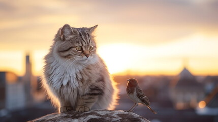 Cat sit on house roof  on sunset at evening in medieval town 