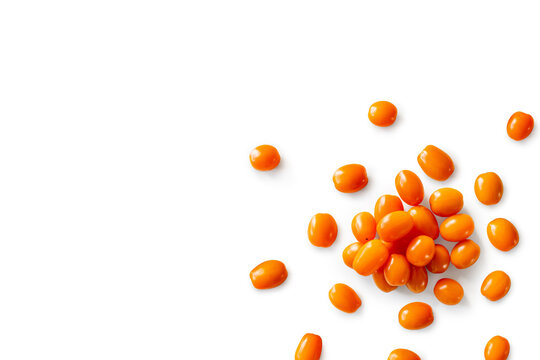 Closeup Of Fresh Juicy Organic Orange Cherry Tomatoes From The Garden Isolated On A White Background From Above