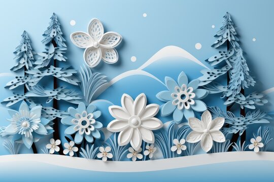 Forest, mountains and flowers in blue and white tones in paper cut style. Generative AI