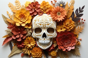Skull with orange marigolds in paper cut style isolated on white background. Generative AI