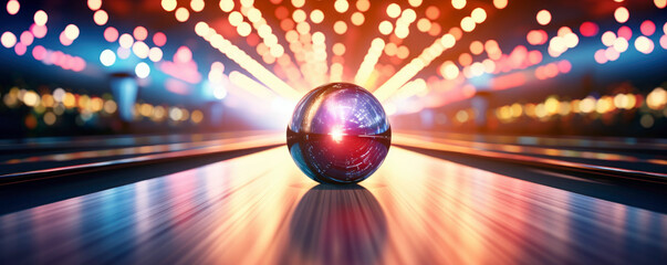 Bowling Alley: A bowling ball hitting pins with dynamic energy, set against a blurred lane. Wide format.