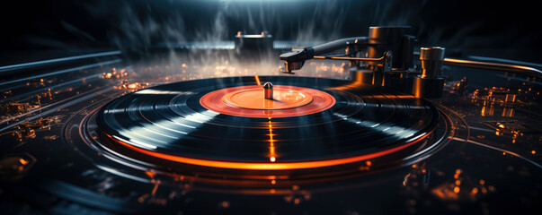 Floating Vinyl Record: A vinyl record seemingly floating in mid-air. Wide format. Flat black background.